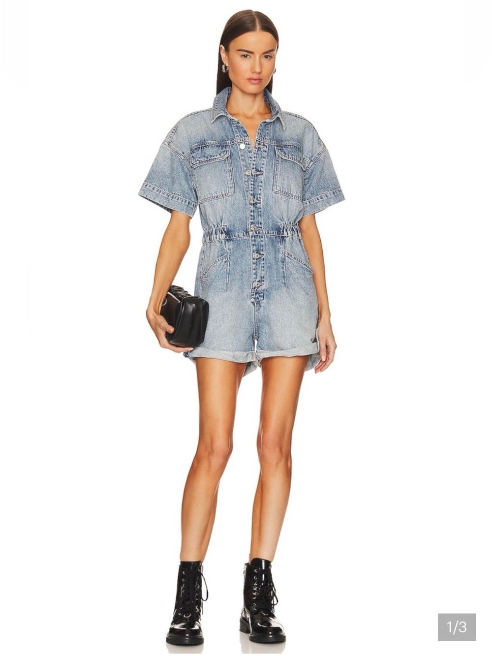 Free People Light Blue Denim Short-Sleeve Romper
